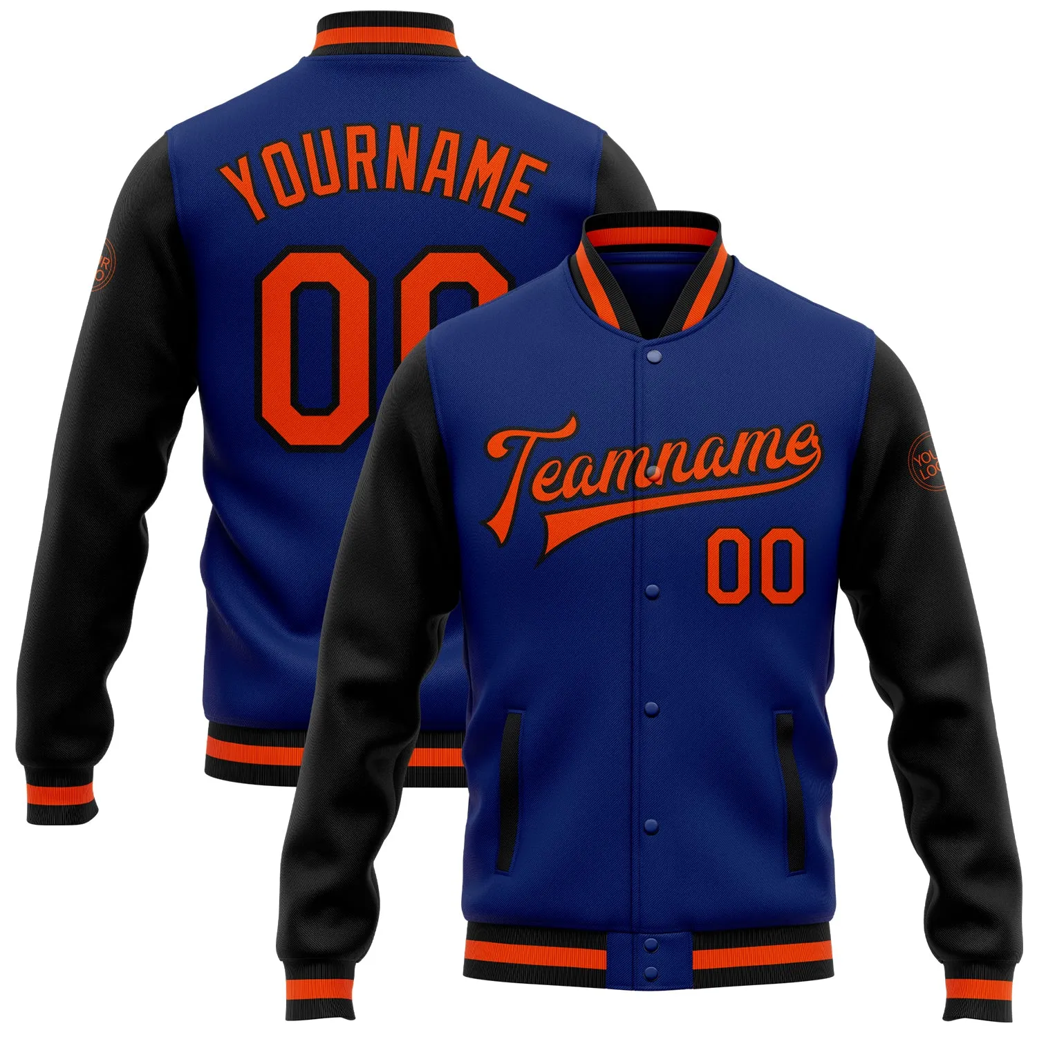 Custom Royal Orange-Black Bomber Full-Snap Varsity Letterman Two Tone Jacket