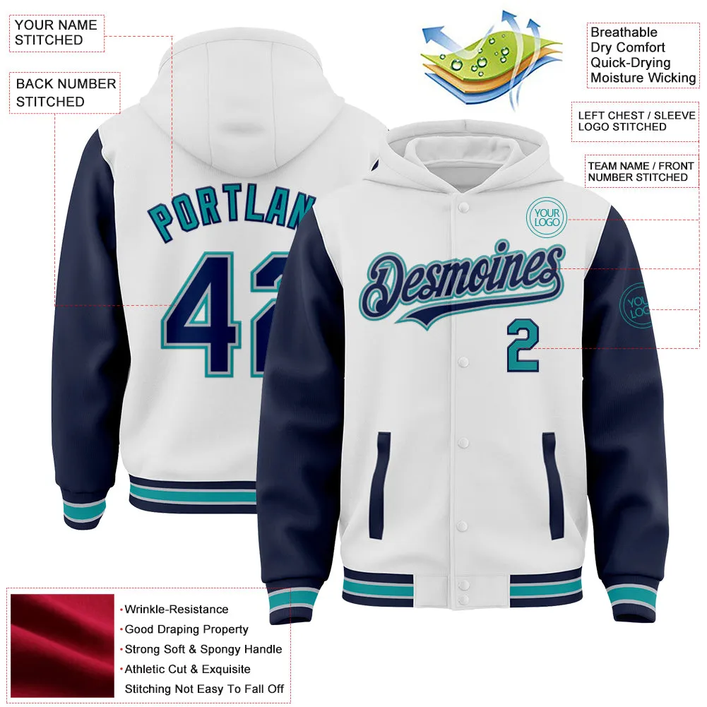 Custom White Navy Gray-Teal Bomber Full-Snap Varsity Letterman Two Tone Hoodie Jacket