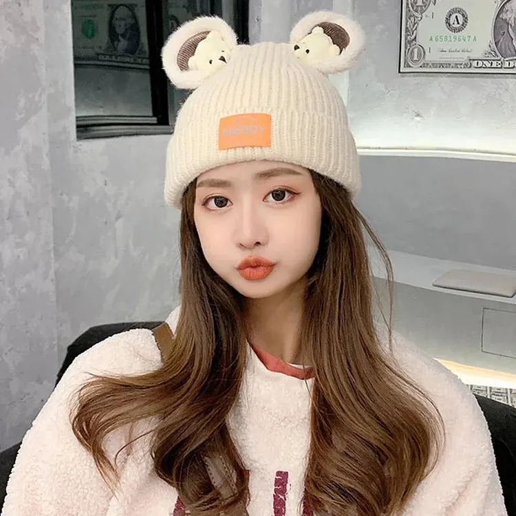 Cute Cartoon Bear Ears Letter Knit Hat