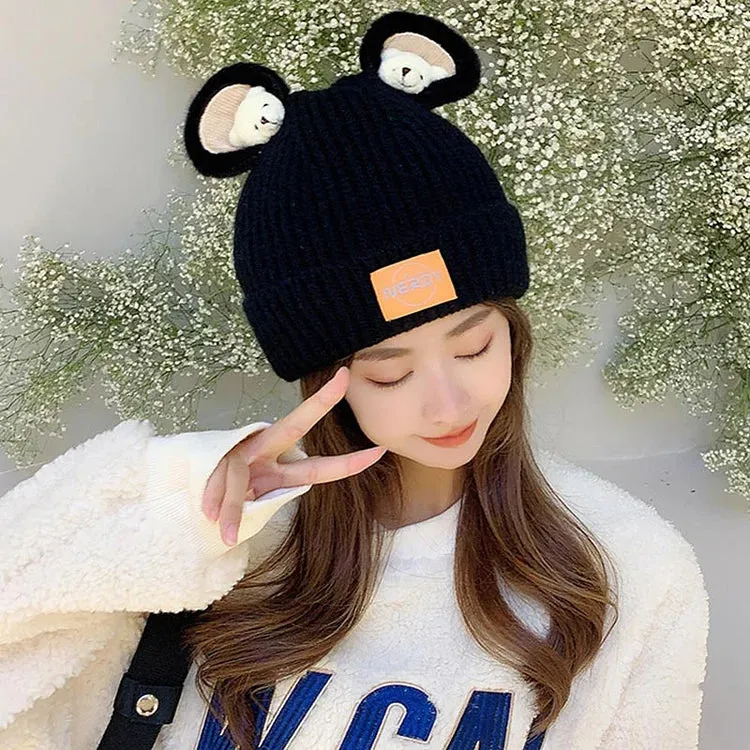 Cute Cartoon Bear Ears Letter Knit Hat