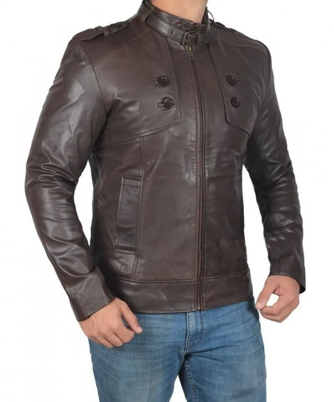 Dark Brown Button Pocket Leather Jacket