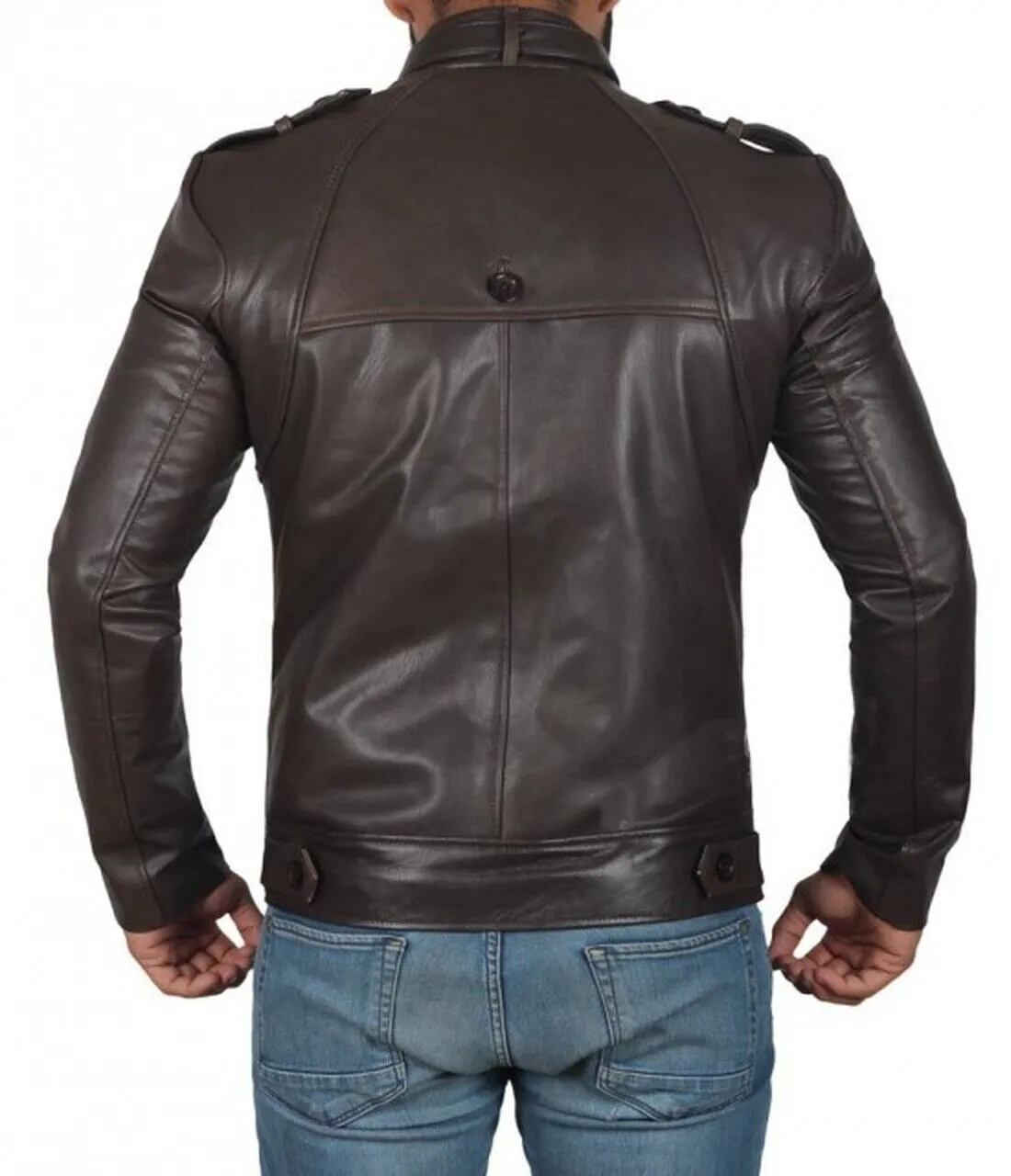 Dark Brown Button Pocket Leather Jacket