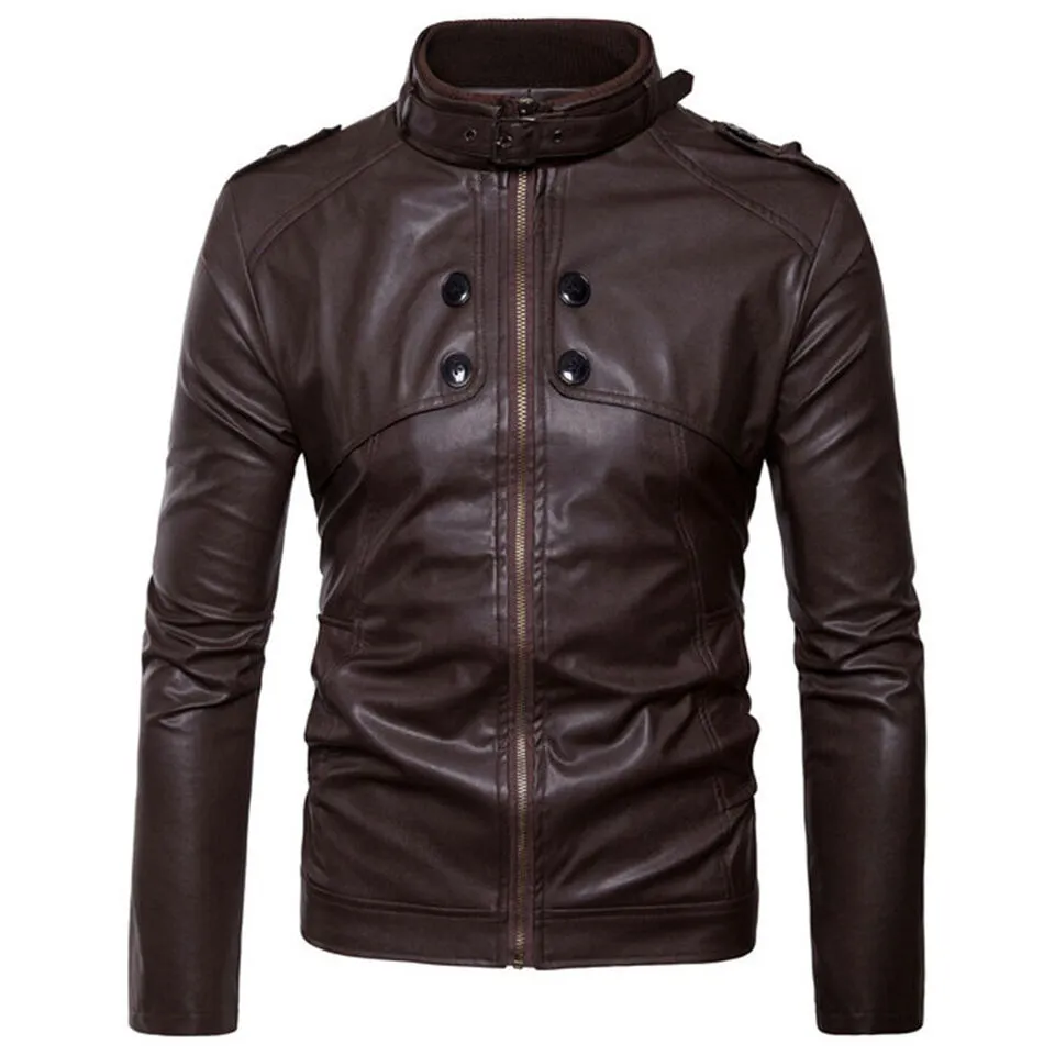 Dark Brown Button Pocket Leather Jacket