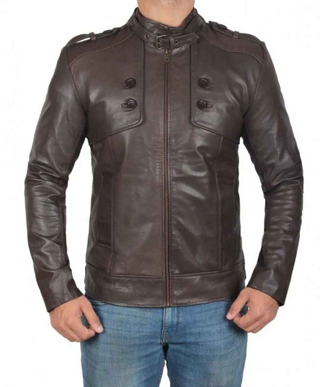 Dark Brown Button Pocket Leather Jacket