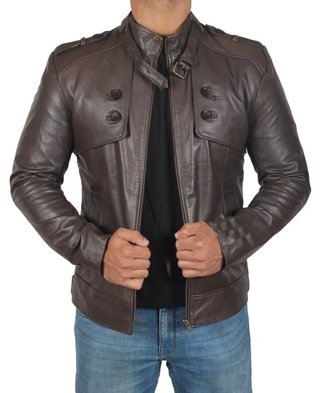 Dark Brown Button Pocket Leather Jacket