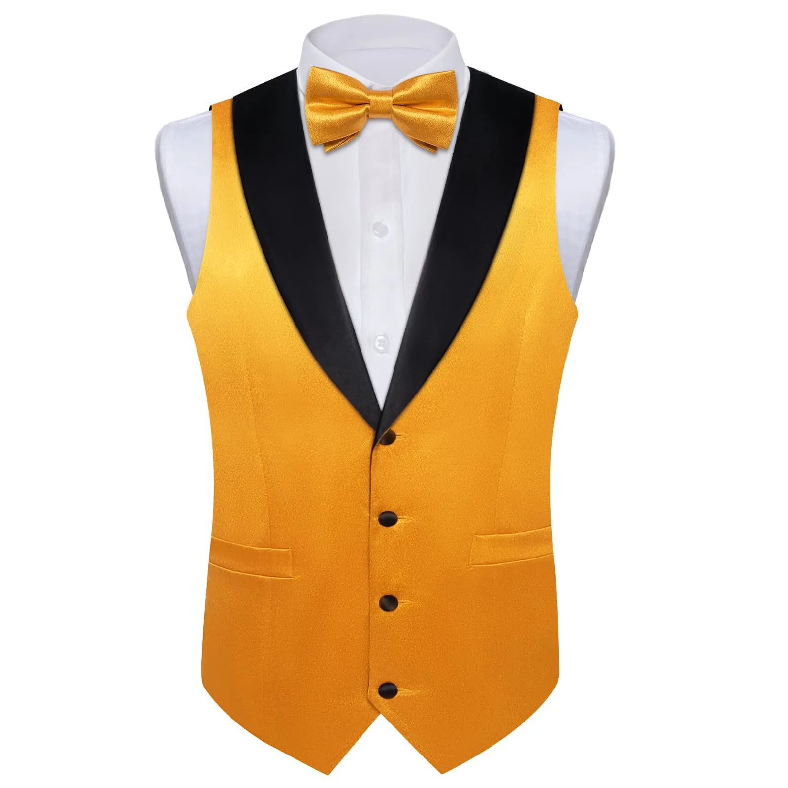 DiBanGu Tuxedo Vest Gamboge Yellow Solid Silk Mens Dress Vest and Bow Tie Set