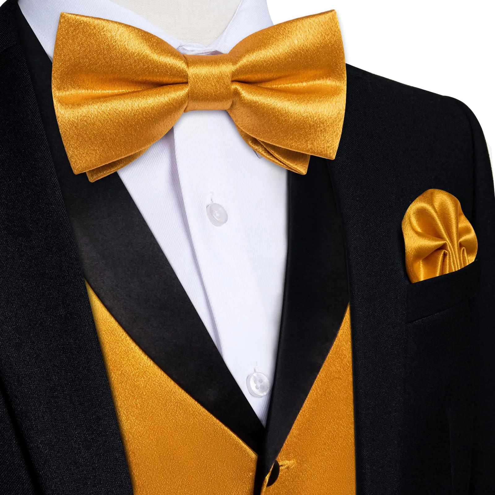 DiBanGu Tuxedo Vest Gamboge Yellow Solid Silk Mens Dress Vest and Bow Tie Set