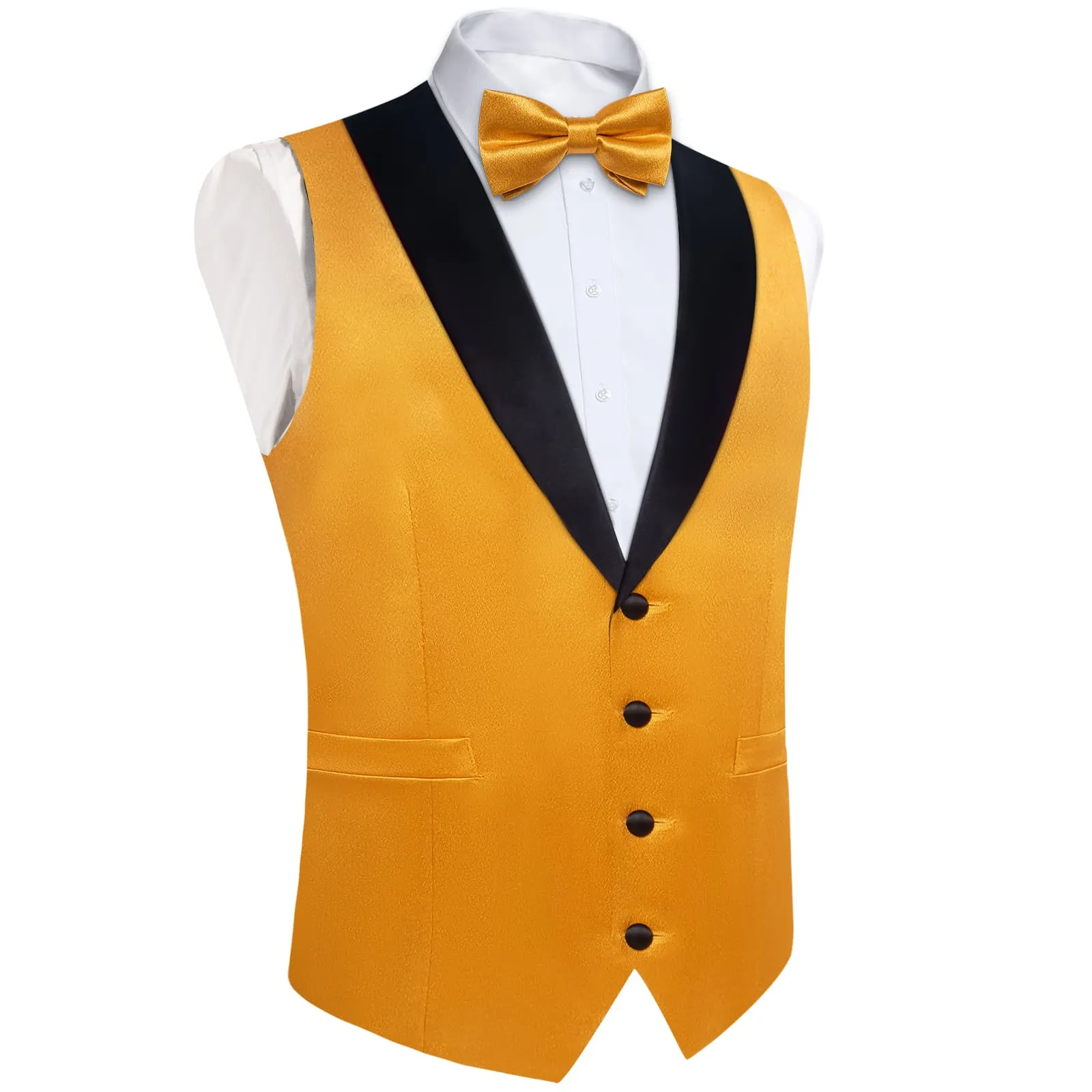 DiBanGu Tuxedo Vest Gamboge Yellow Solid Silk Mens Dress Vest and Bow Tie Set