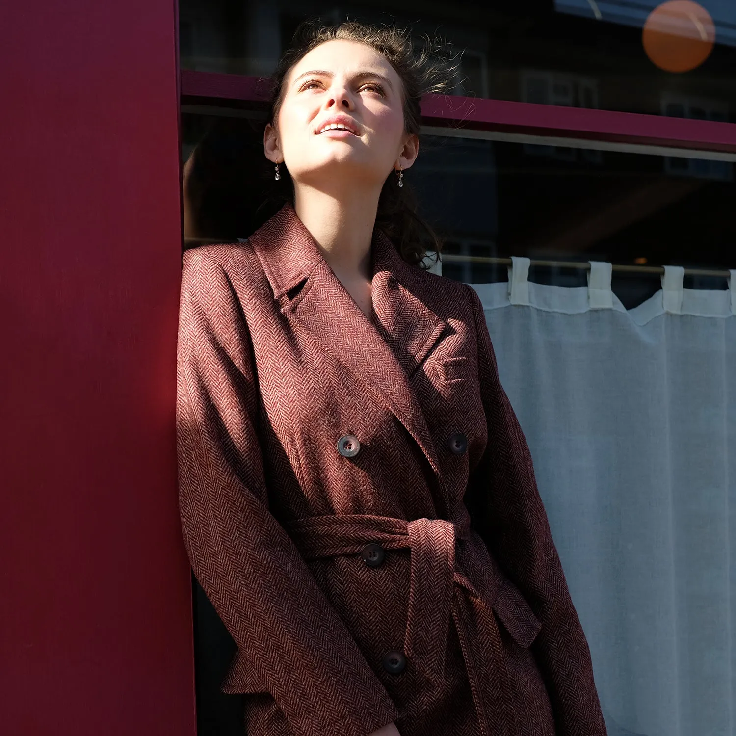 Double-Breasted Tweed Trench Coat in Burgundy Herringbone