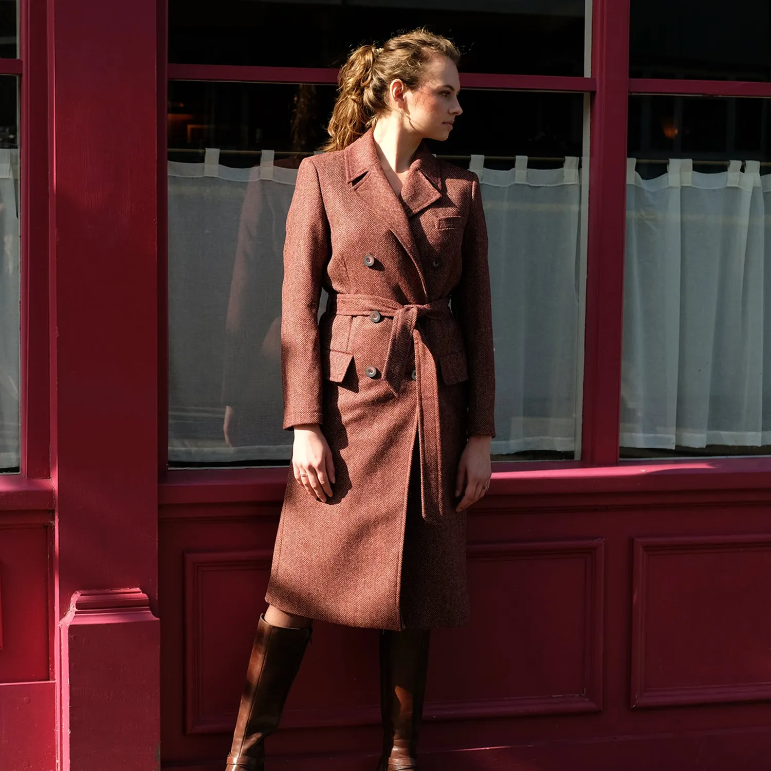 Double-Breasted Tweed Trench Coat in Burgundy Herringbone