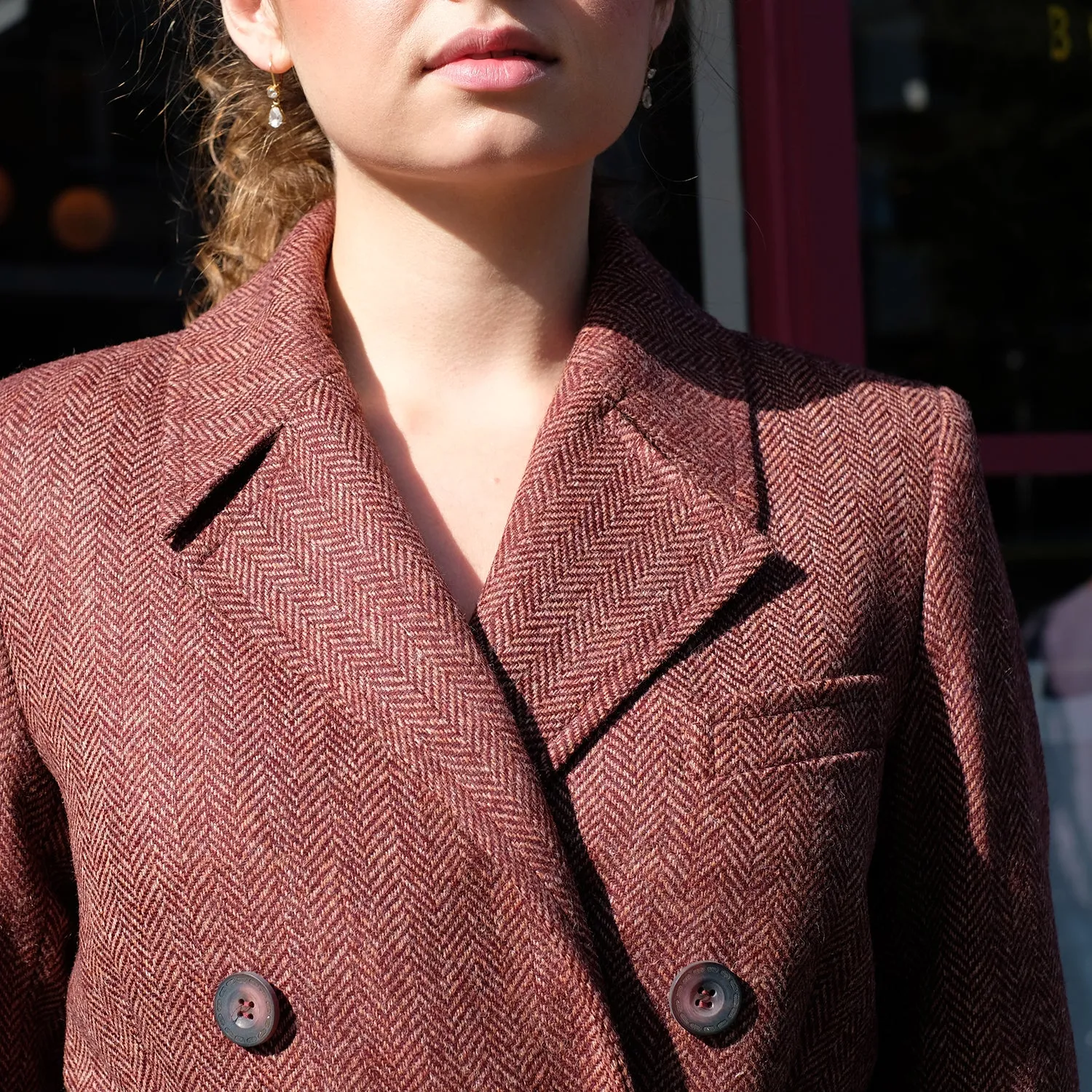 Double-Breasted Tweed Trench Coat in Burgundy Herringbone