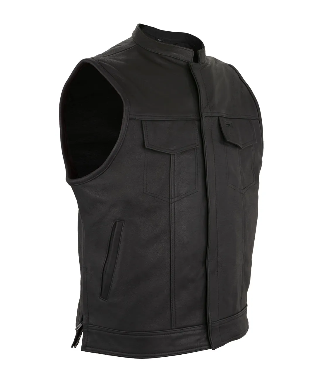 Dream Apparel Mens Motorcycle CLUB VEST Cowhide Leather, Zipper Front, Concealed Front Snaps