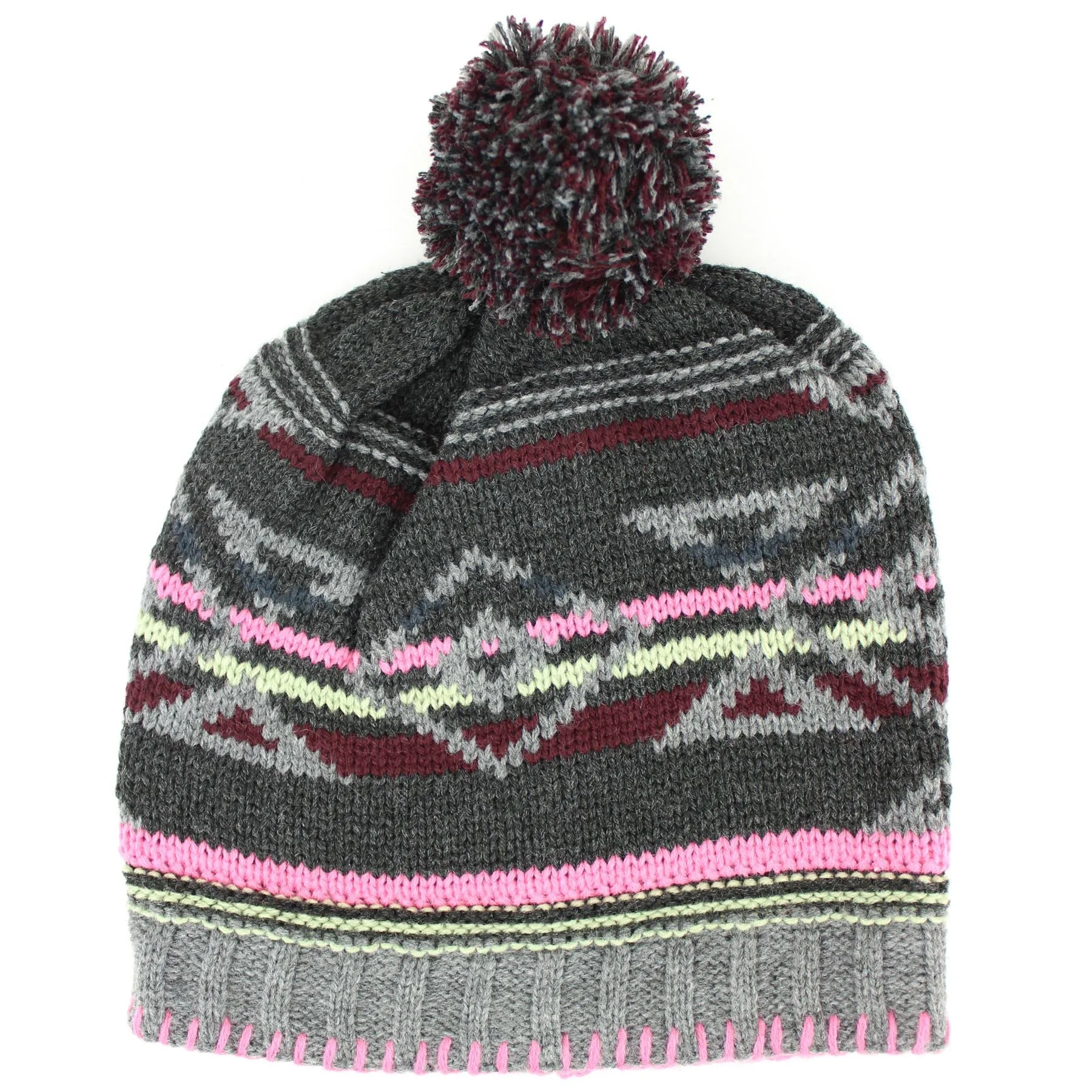 Fine knit aztec pattern beanie bobble hat - Grey