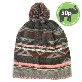 Fine knit aztec pattern beanie bobble hat - Grey