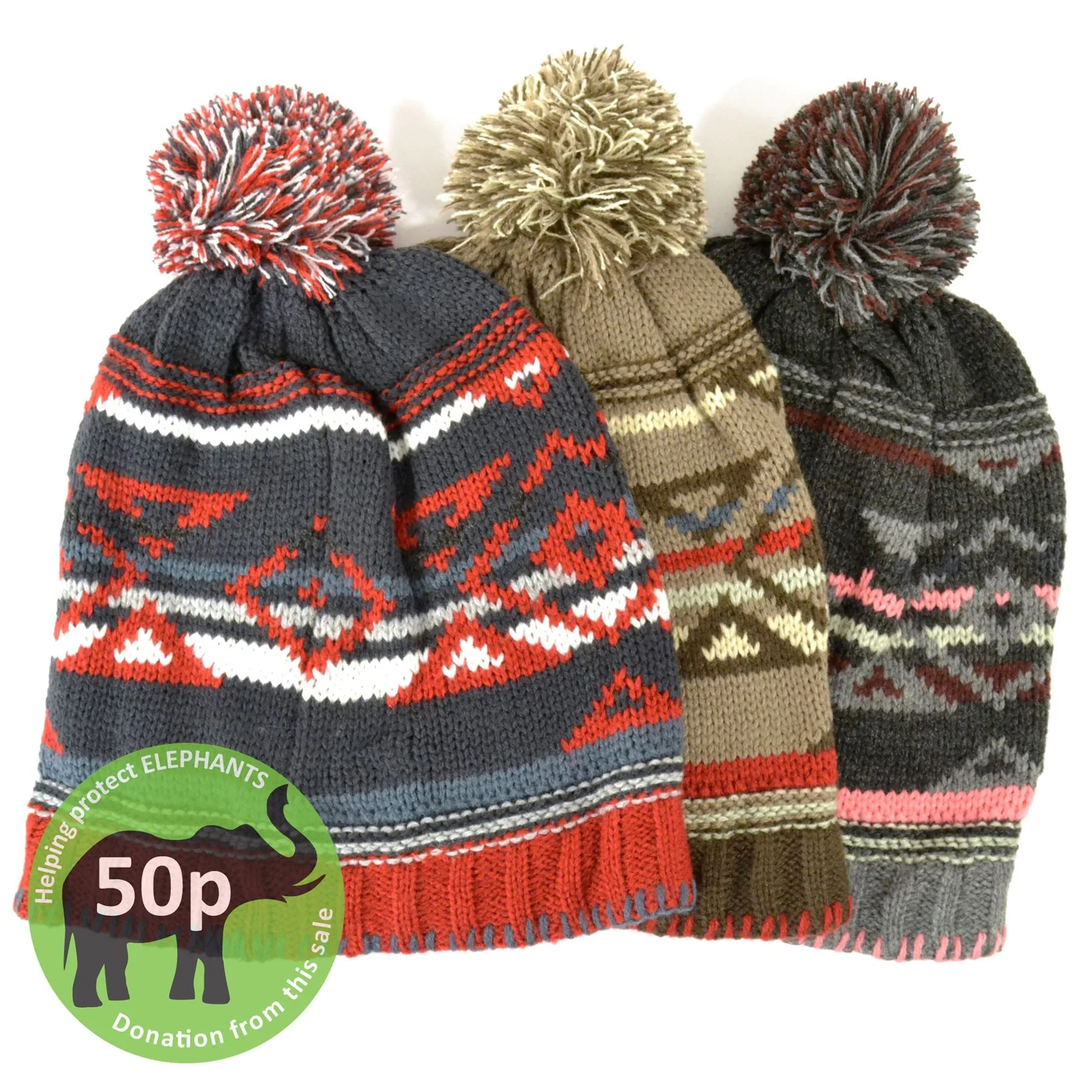 Fine knit aztec pattern beanie bobble hat - Grey