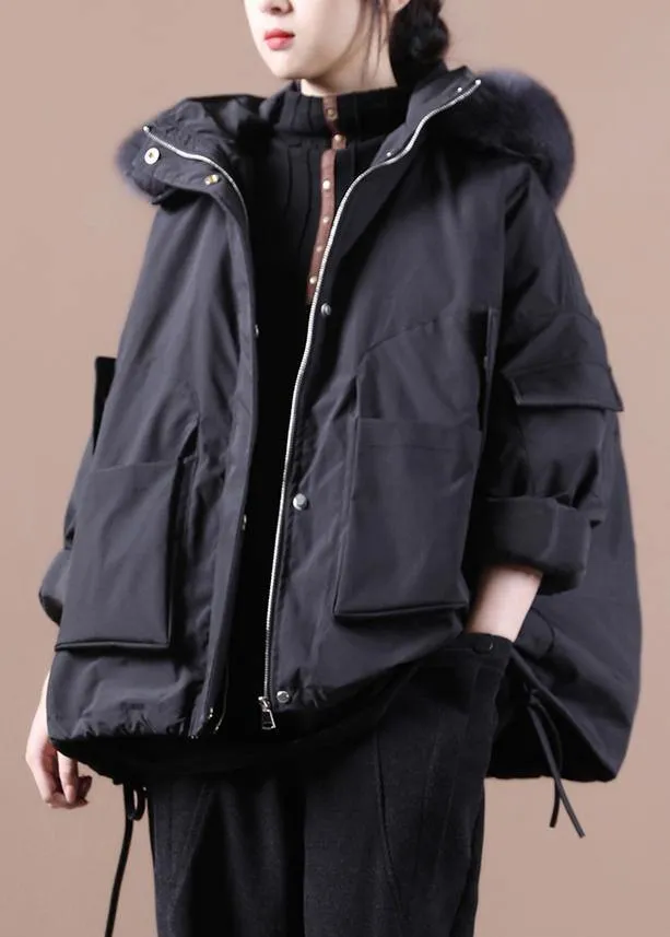 Fine plus size down jacket overcoat black hooded fur collar goose Down coat