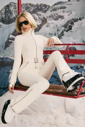 Fleece-Lined Belted Ski Suit in Ice White