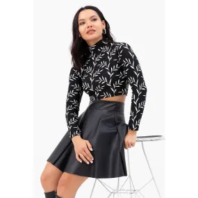 Floral Black Turtleneck Crop Blouse