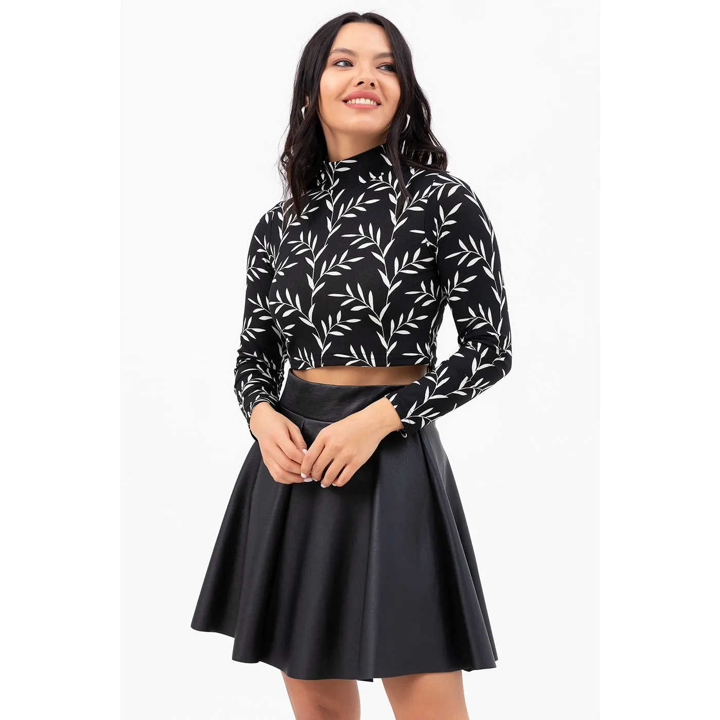 Floral Black Turtleneck Crop Blouse