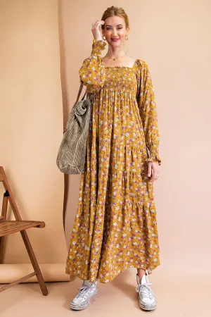 Floral Print Maxi Dress, Mustard