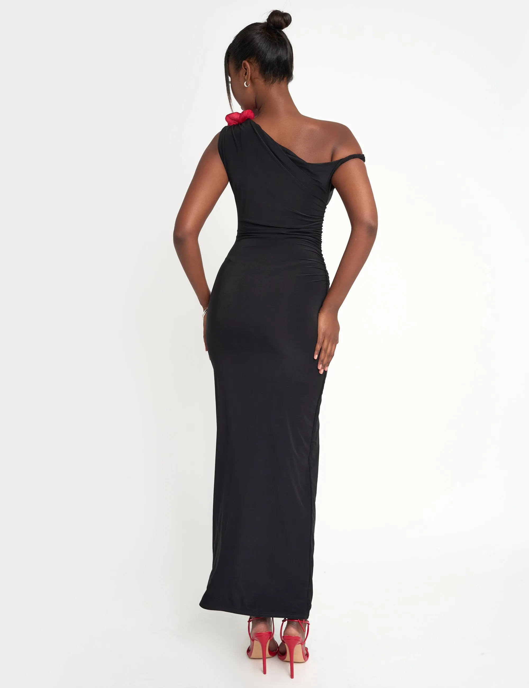 Flower Trim Dropped Shoulder Luxe Slinky Maxi Dress Black