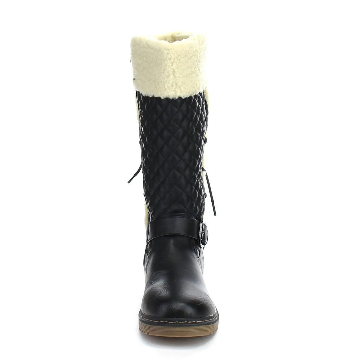 Fur Trim Lace Back Quilted Winter Knee High Buckle Women's Boots