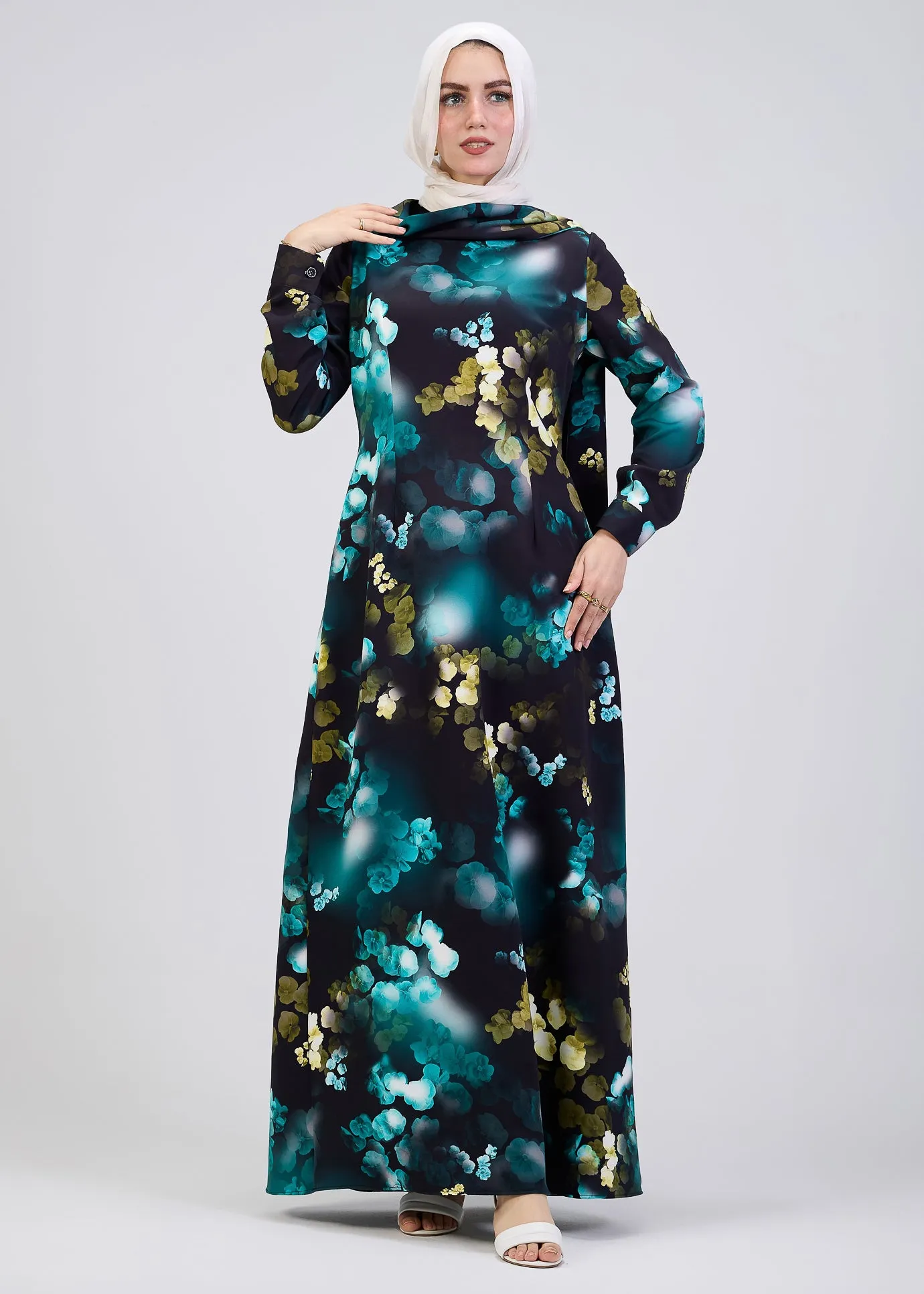 Ghofran Vibrant Floral Maxi Dress with Belted Waist – Exclusive Modest Wear