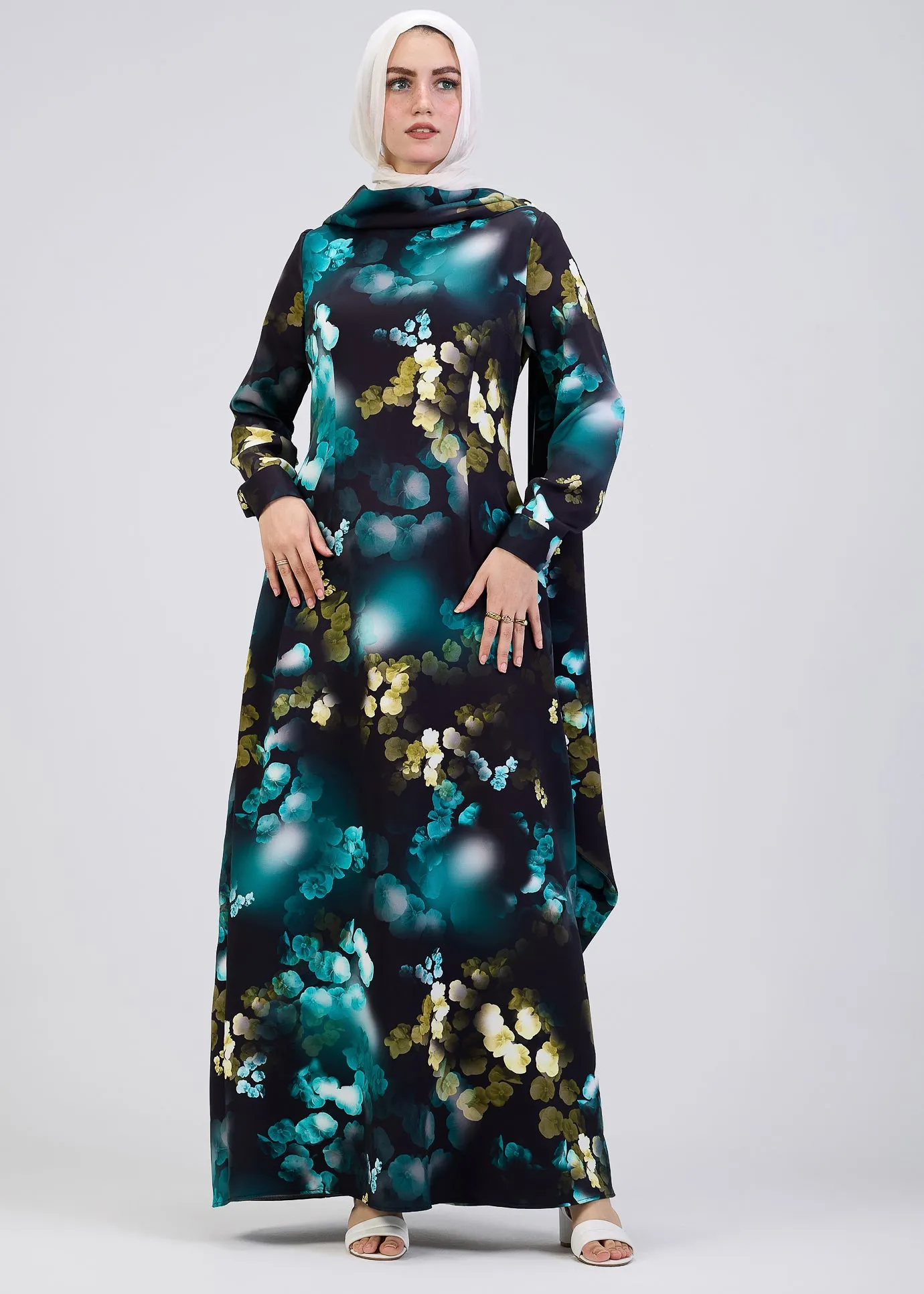 Ghofran Vibrant Floral Maxi Dress with Belted Waist – Exclusive Modest Wear