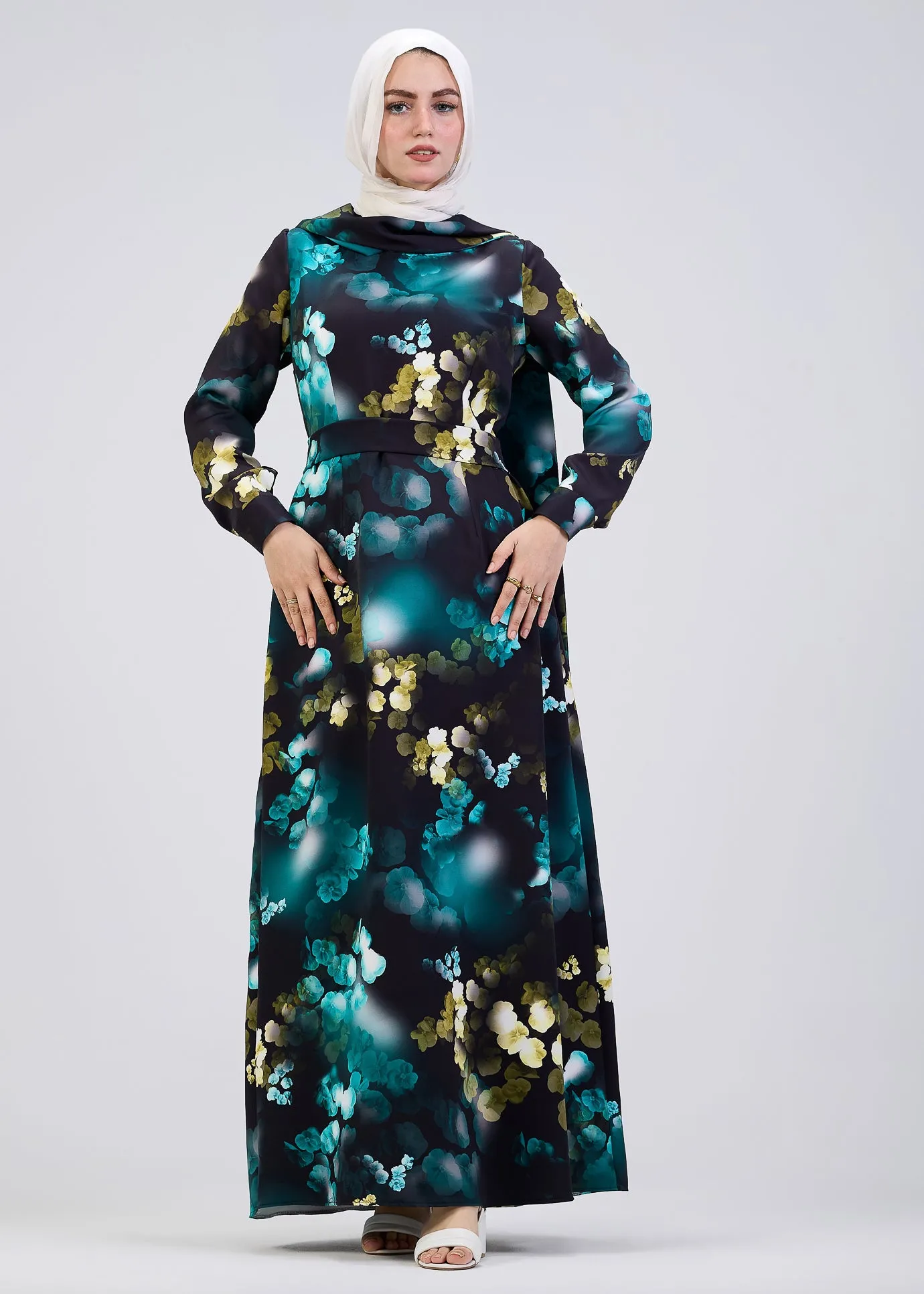 Ghofran Vibrant Floral Maxi Dress with Belted Waist – Exclusive Modest Wear