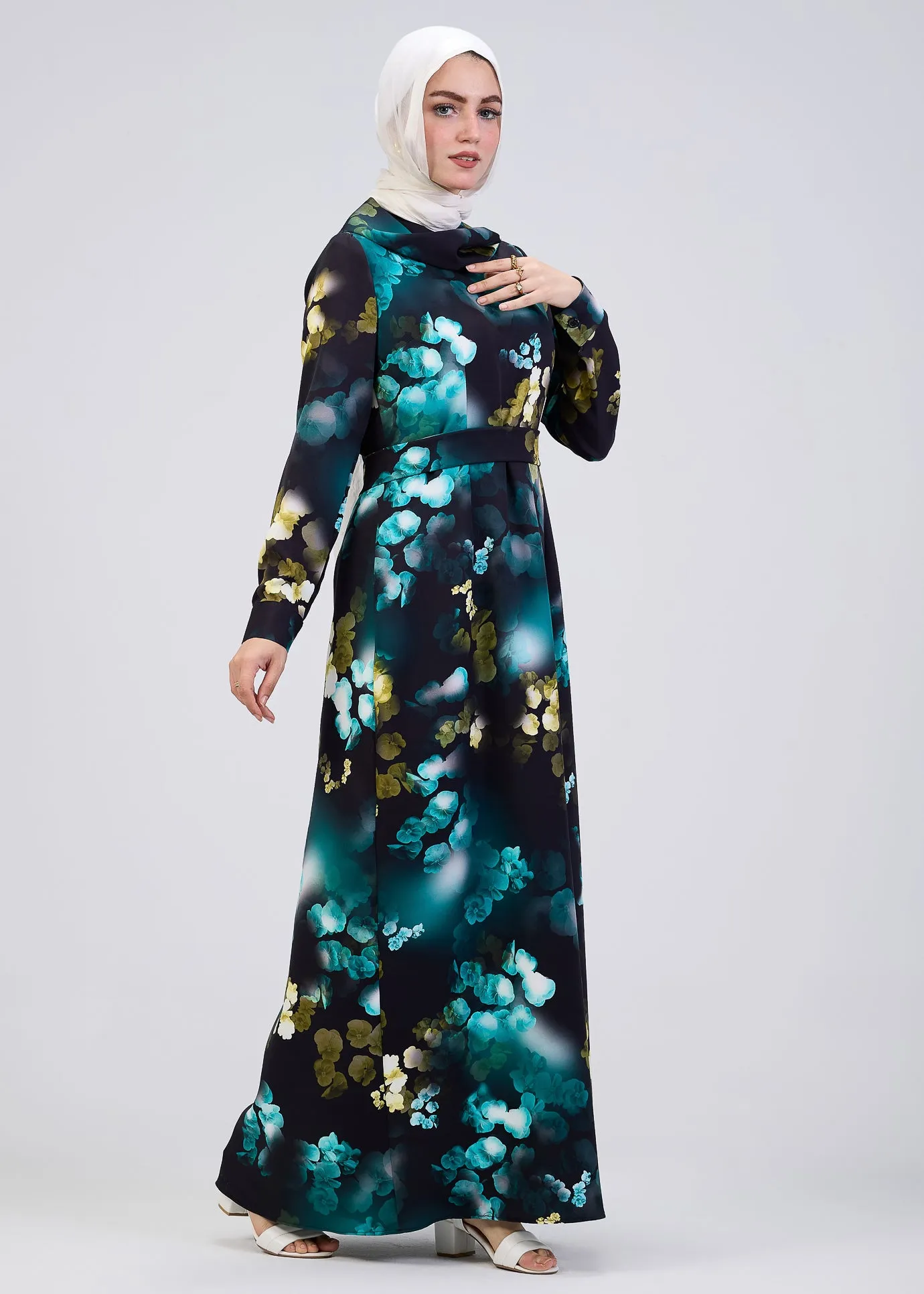 Ghofran Vibrant Floral Maxi Dress with Belted Waist – Exclusive Modest Wear