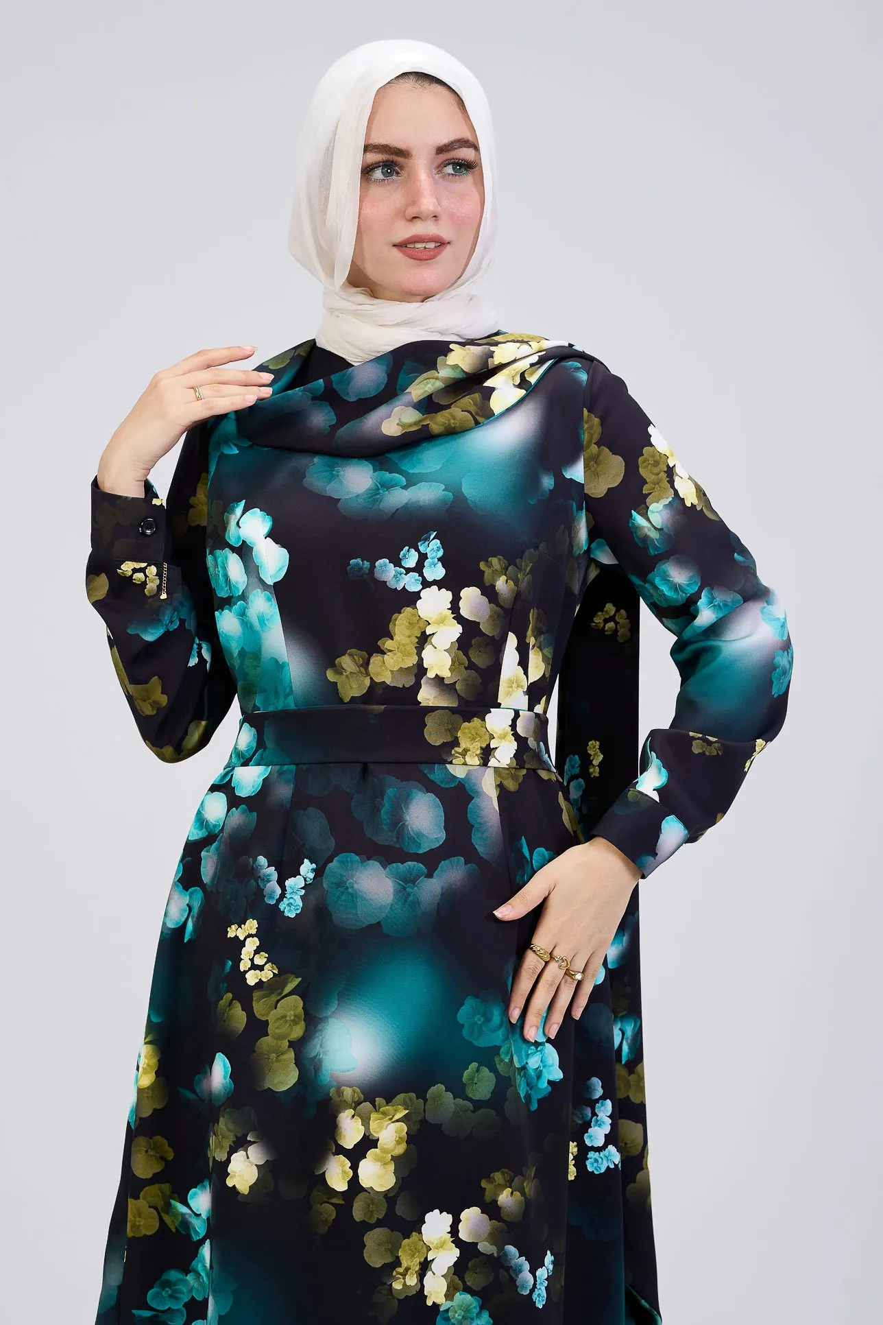 Ghofran Vibrant Floral Maxi Dress with Belted Waist – Exclusive Modest Wear