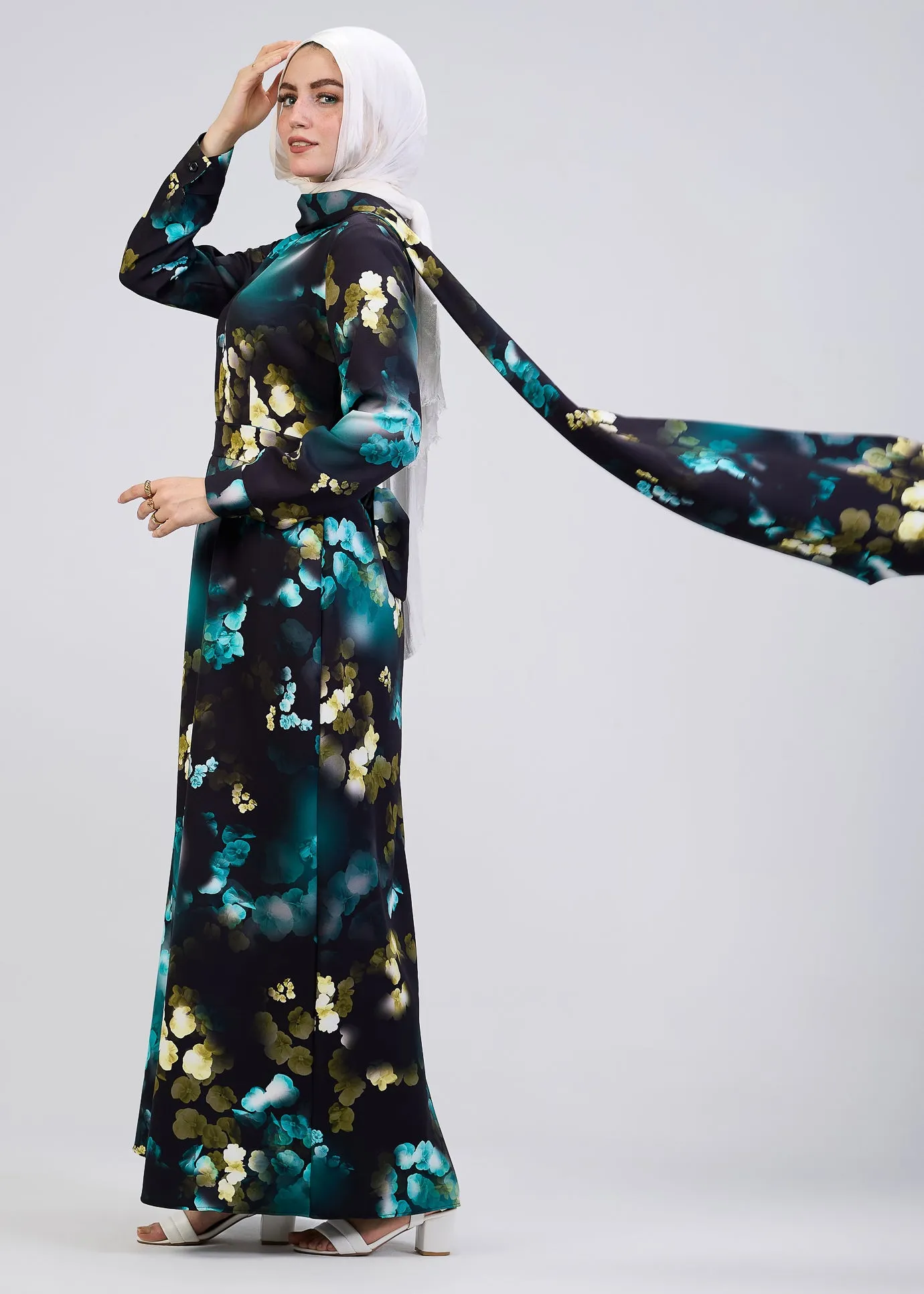 Ghofran Vibrant Floral Maxi Dress with Belted Waist – Exclusive Modest Wear