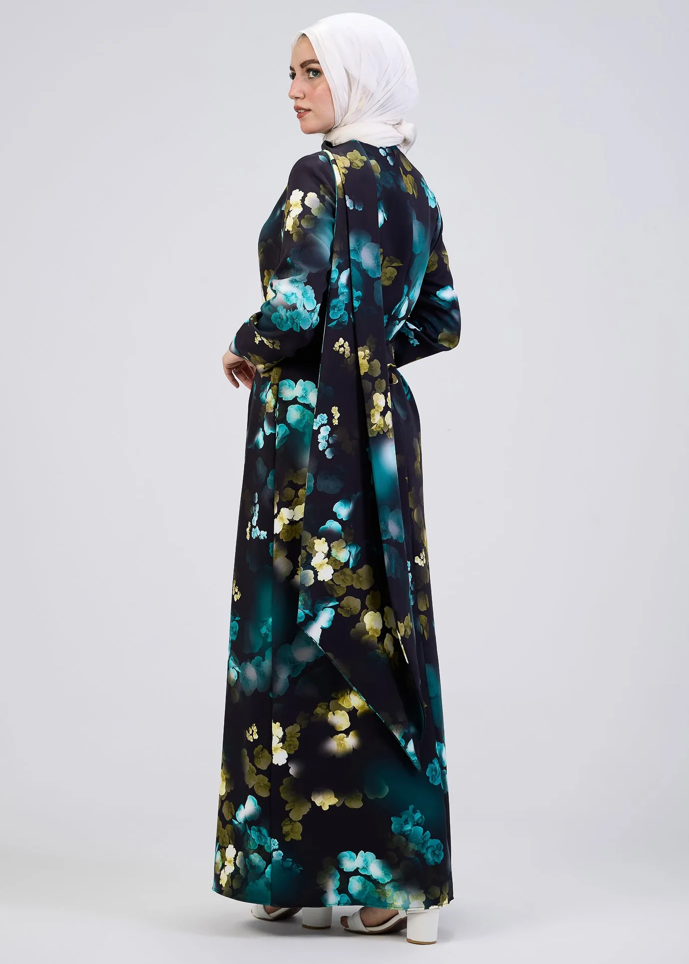 Ghofran Vibrant Floral Maxi Dress with Belted Waist – Exclusive Modest Wear