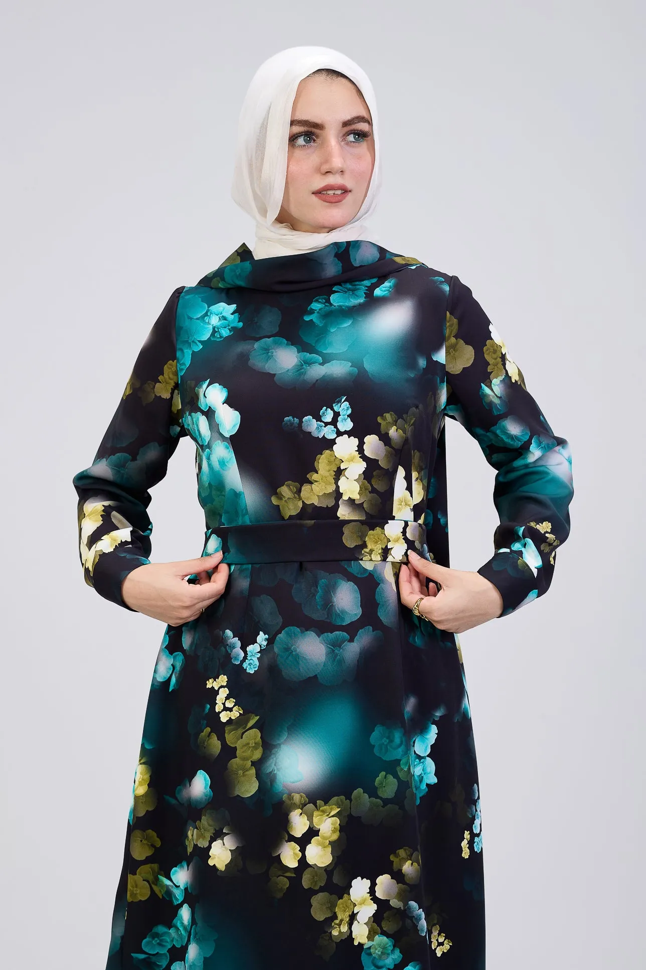 Ghofran Vibrant Floral Maxi Dress with Belted Waist – Exclusive Modest Wear