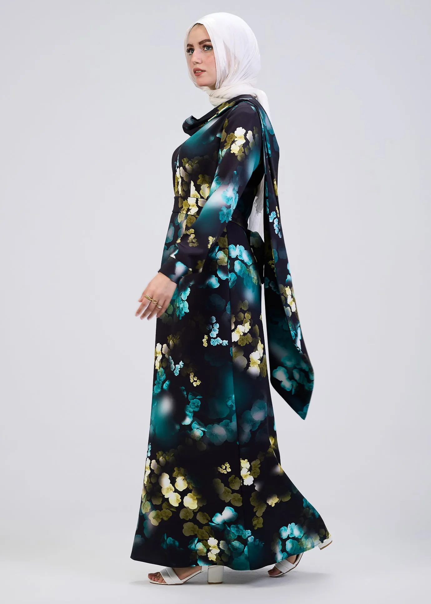 Ghofran Vibrant Floral Maxi Dress with Belted Waist – Exclusive Modest Wear