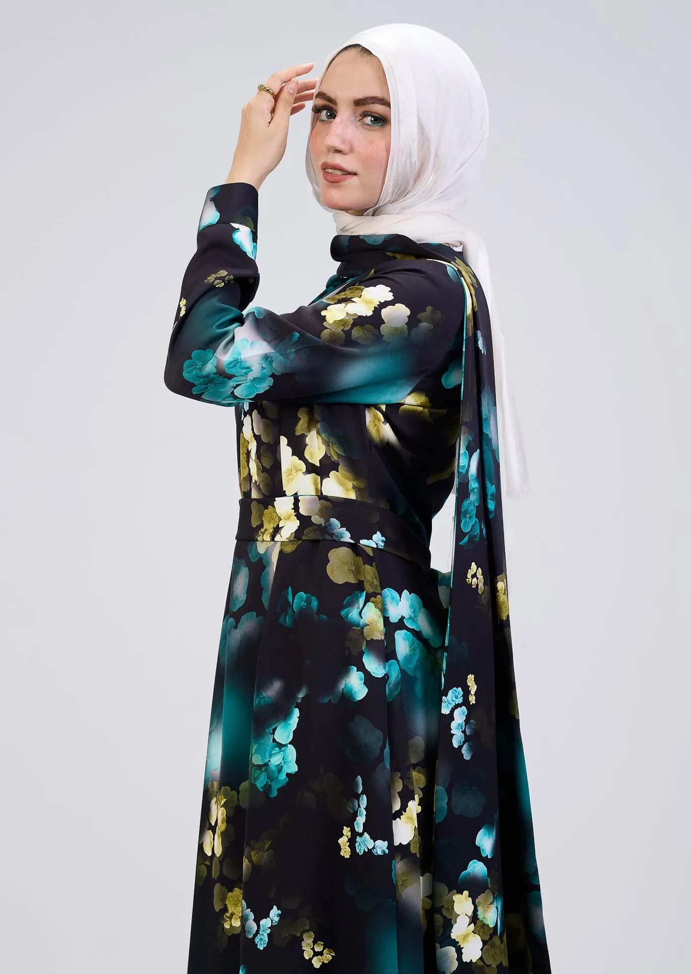 Ghofran Vibrant Floral Maxi Dress with Belted Waist – Exclusive Modest Wear