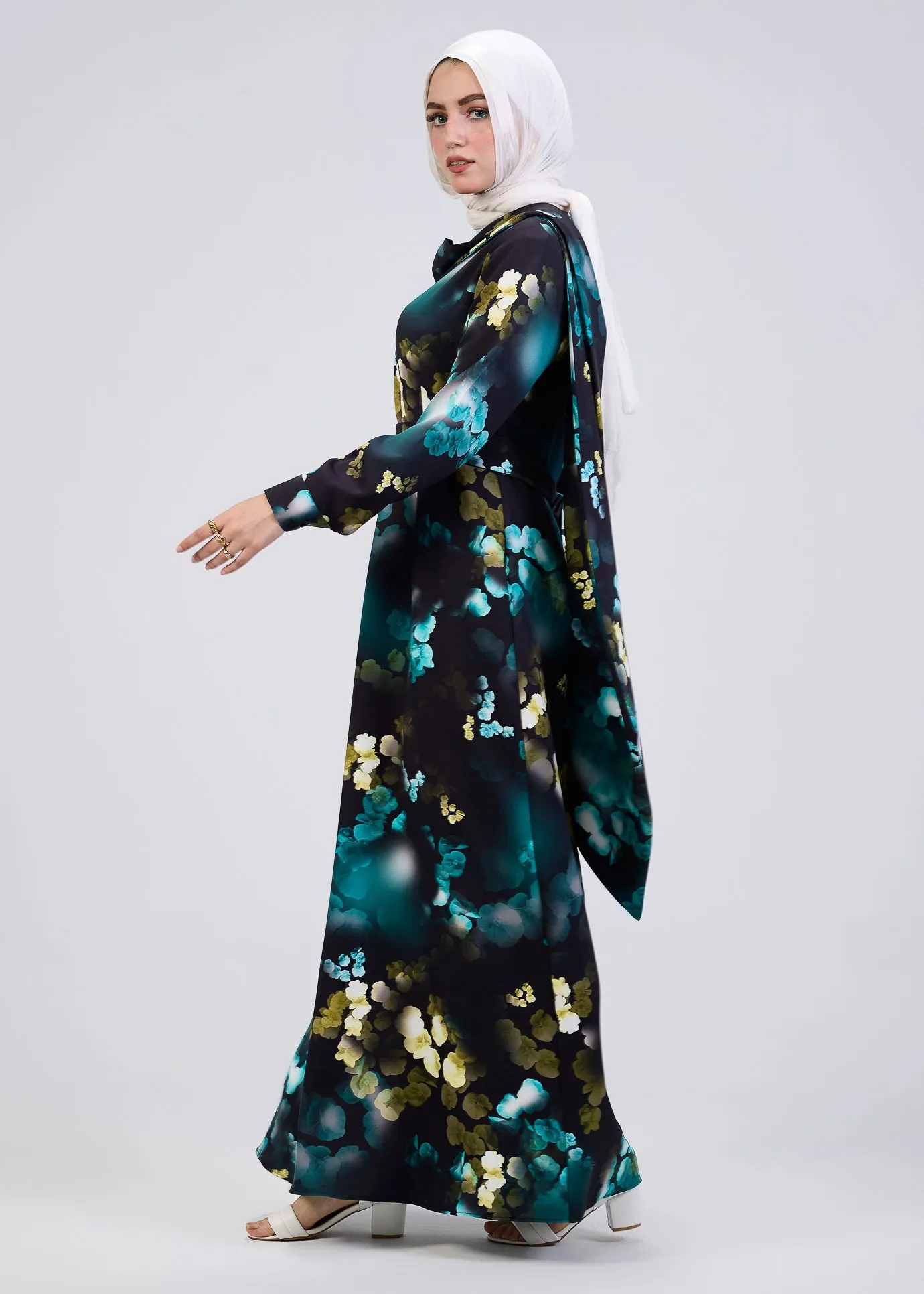 Ghofran Vibrant Floral Maxi Dress with Belted Waist – Exclusive Modest Wear