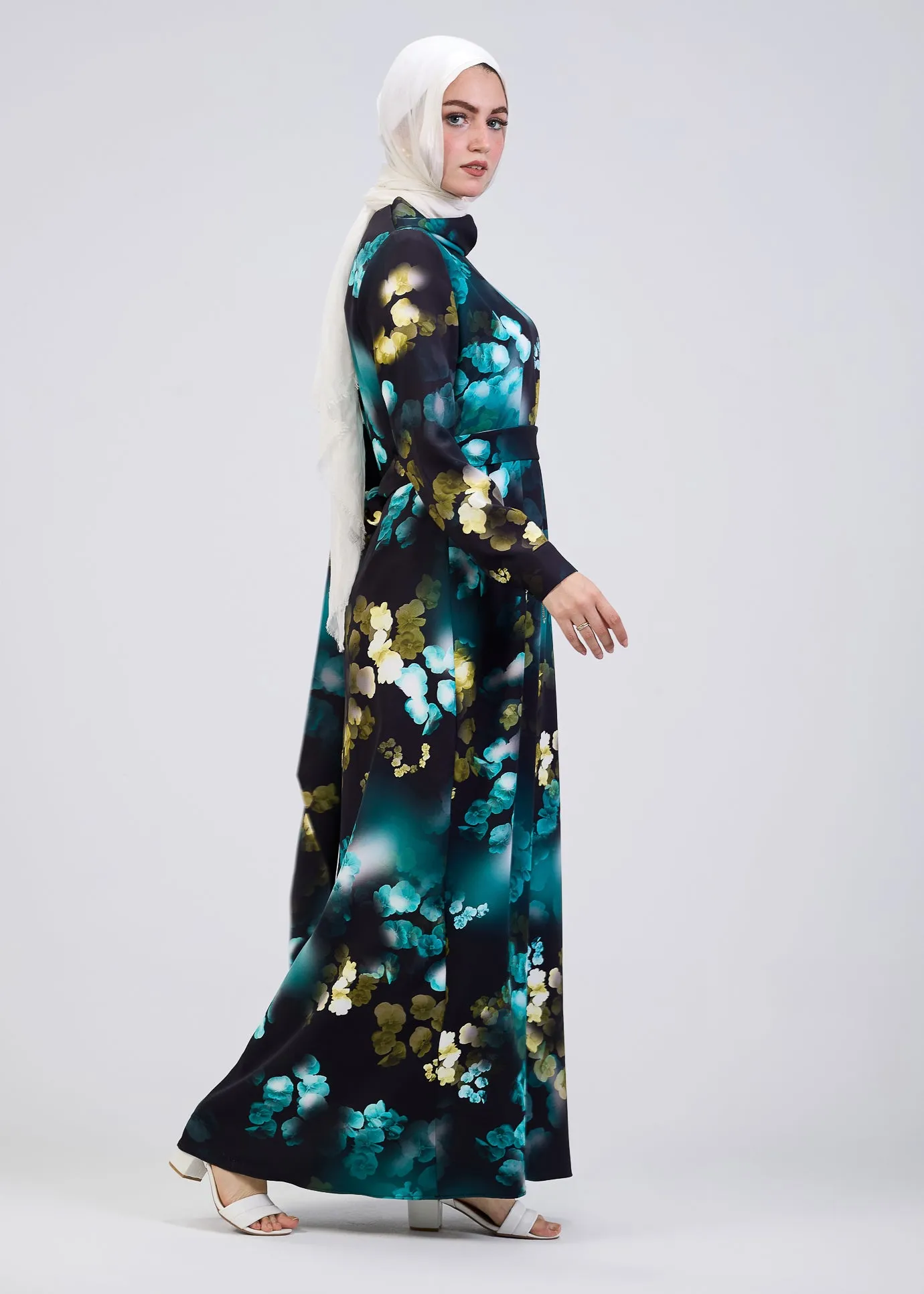 Ghofran Vibrant Floral Maxi Dress with Belted Waist – Exclusive Modest Wear