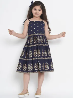 Girl's Navy Blue Printed Fit And Flare Dress  - NOZ2TOZ KIDS