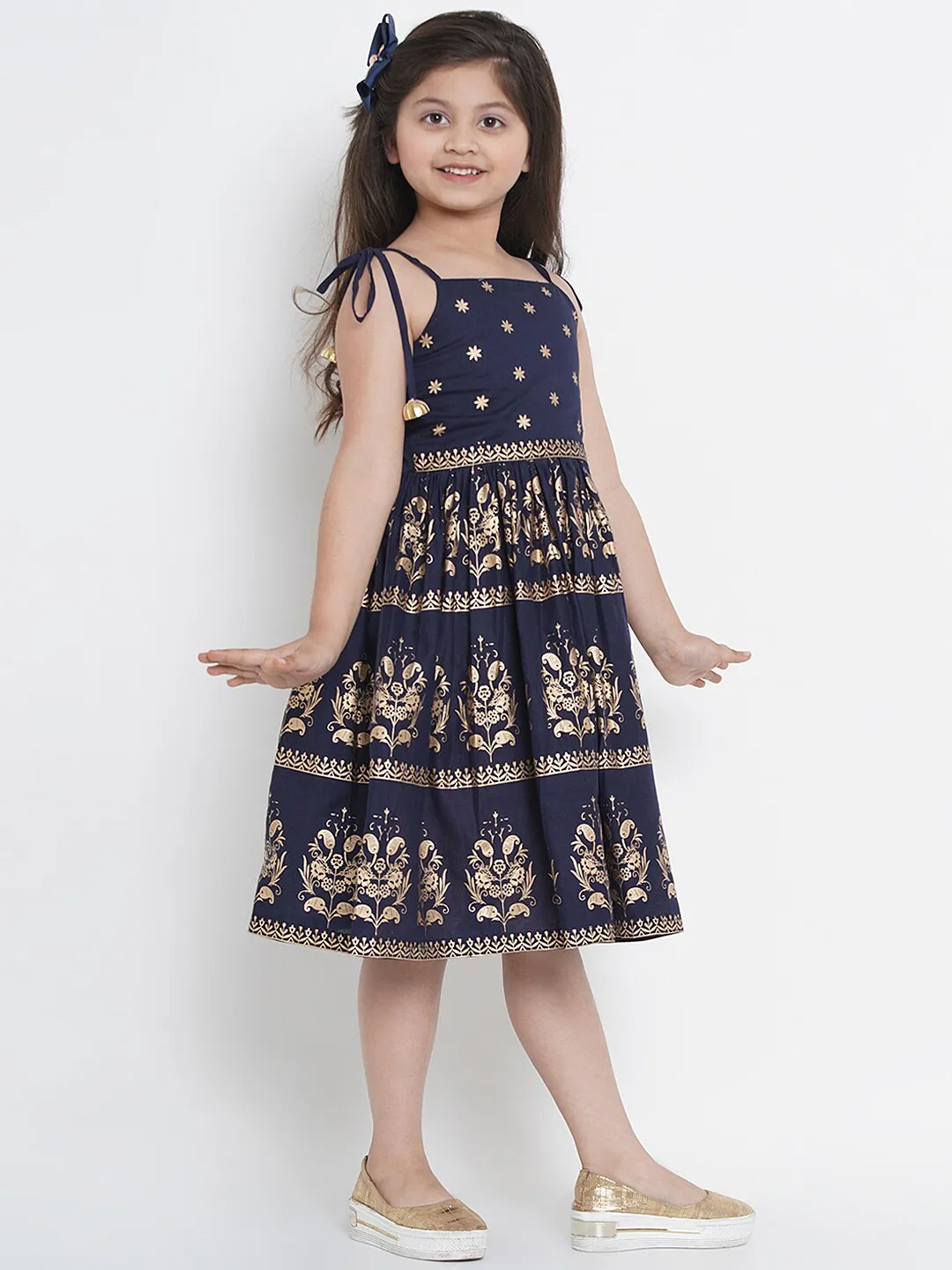 Girl's Navy Blue Printed Fit And Flare Dress  - NOZ2TOZ KIDS