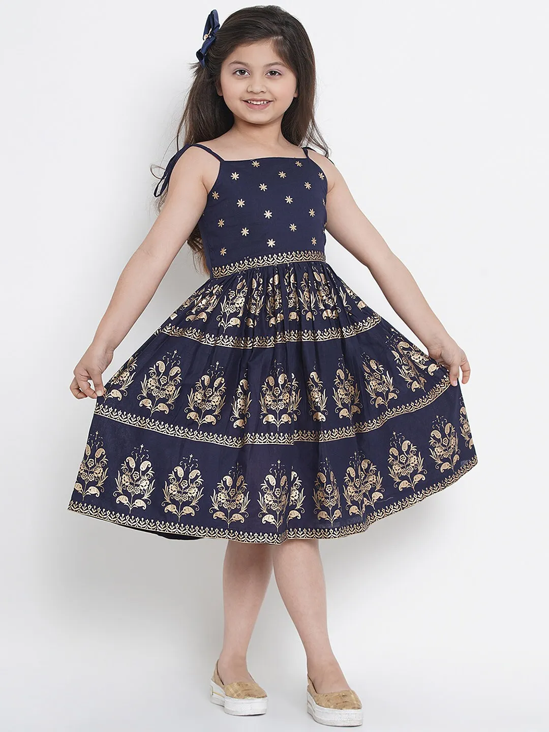 Girl's Navy Blue Printed Fit And Flare Dress  - NOZ2TOZ KIDS