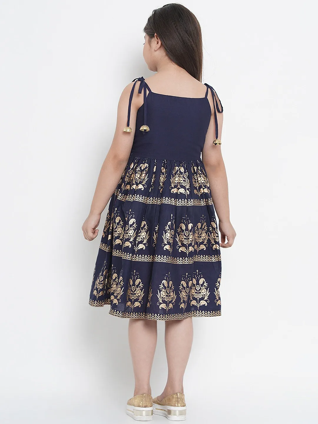 Girl's Navy Blue Printed Fit And Flare Dress  - NOZ2TOZ KIDS