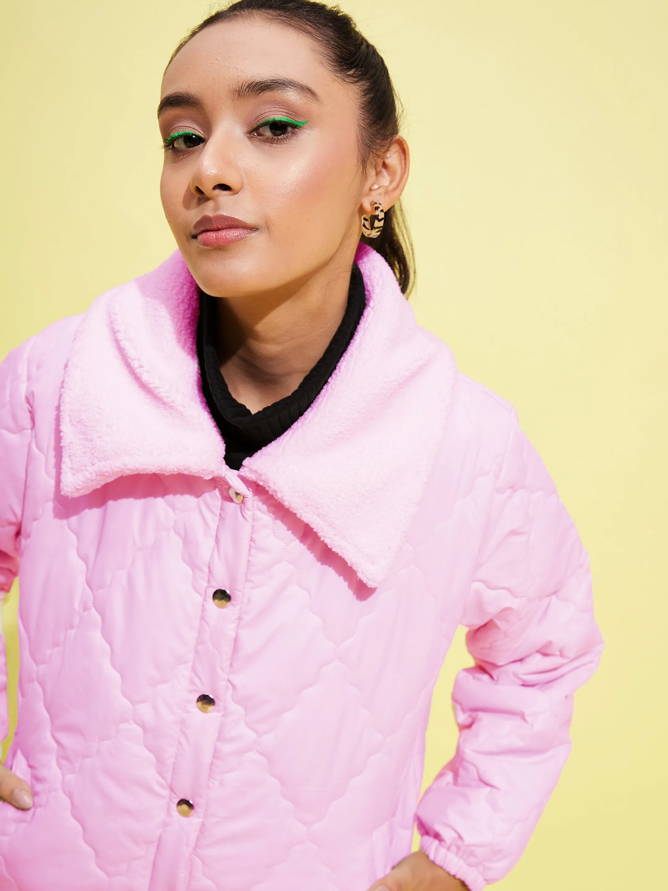 Girls Pink Fur Fur Collar Quilted Jacket