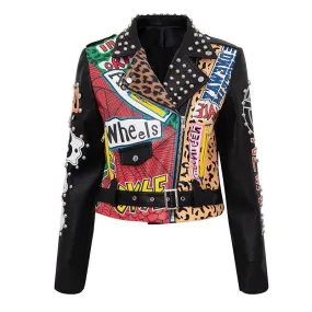 Graffiti Faux Leather Jacket Cropped Moto-Explore