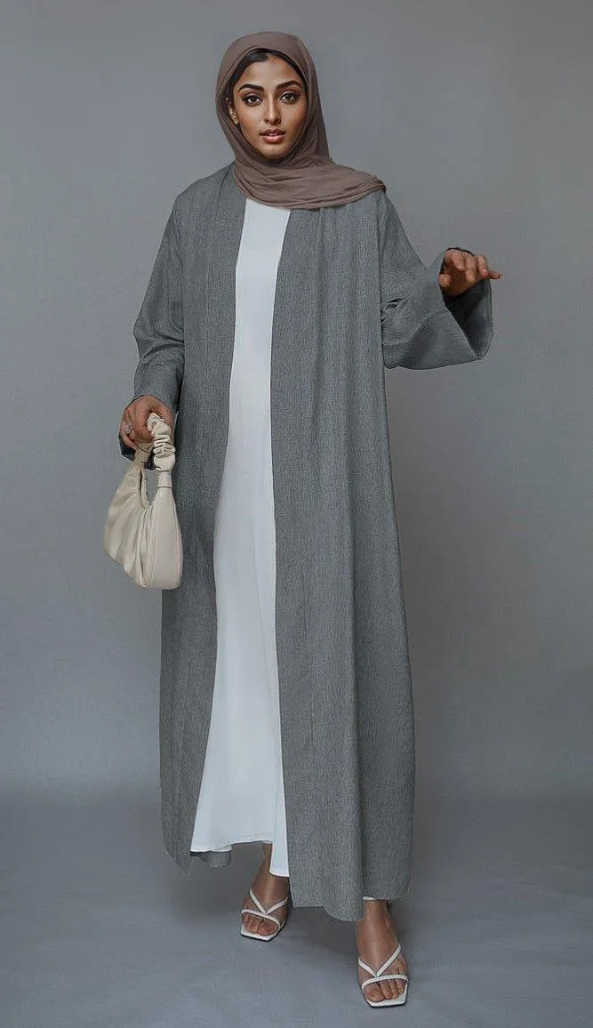 Gray Lounia maxi throw over abaya in light linen fabric with a detachable belt