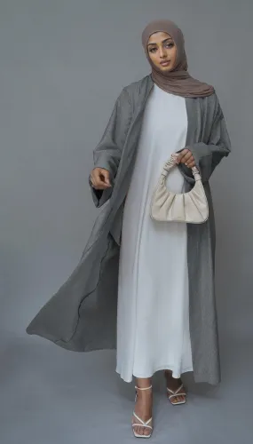 Gray Lounia maxi throw over abaya in light linen fabric with a detachable belt