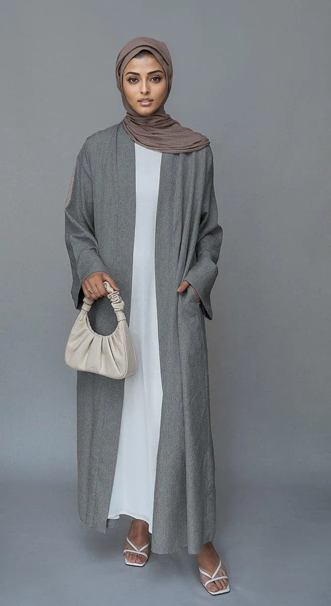 Gray Lounia maxi throw over abaya in light linen fabric with a detachable belt