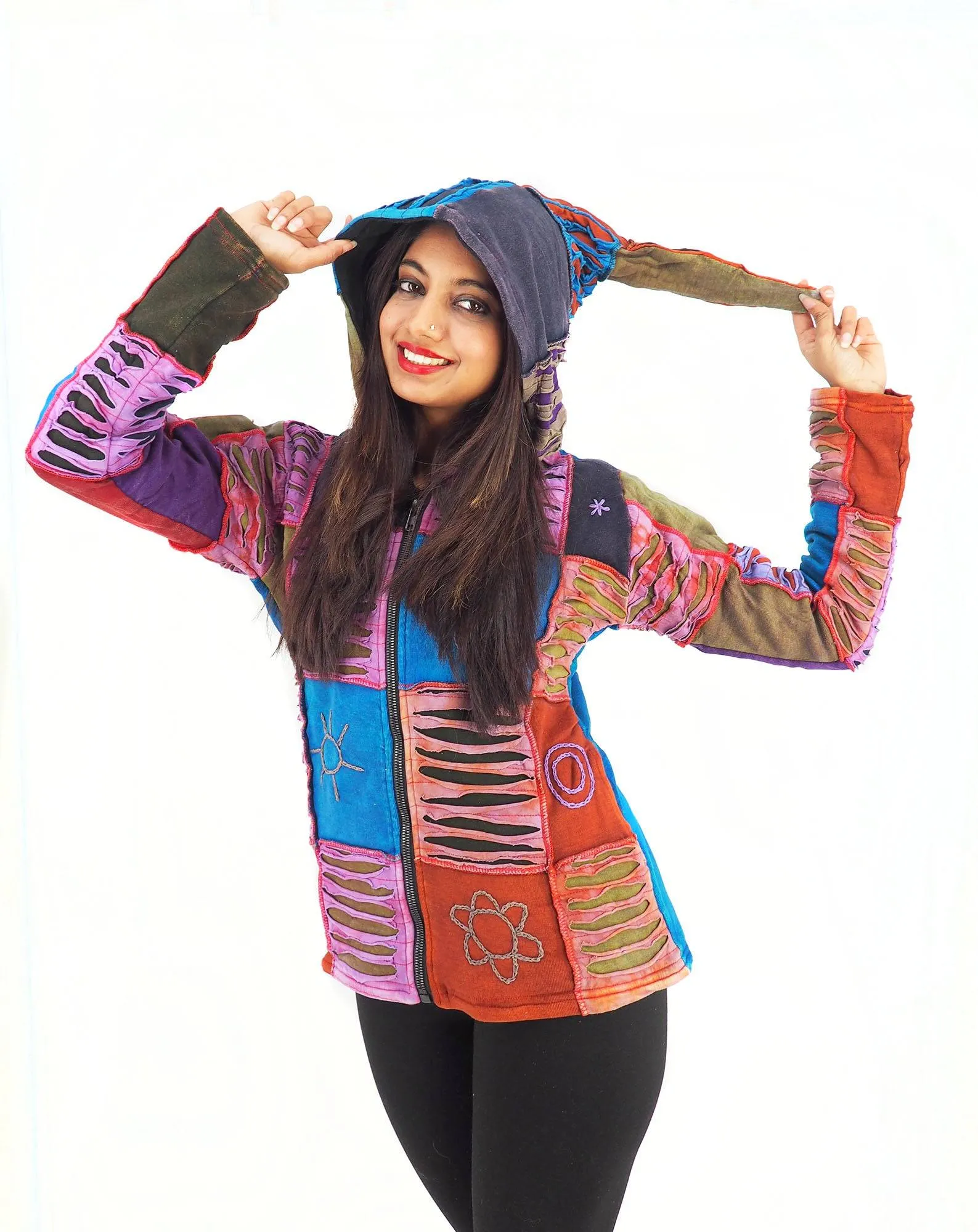 Handmade Patchwork Boho Hippie Hoodie 100% Pre-Washed Cotton Fleece Lined Blue S-M-L-XL