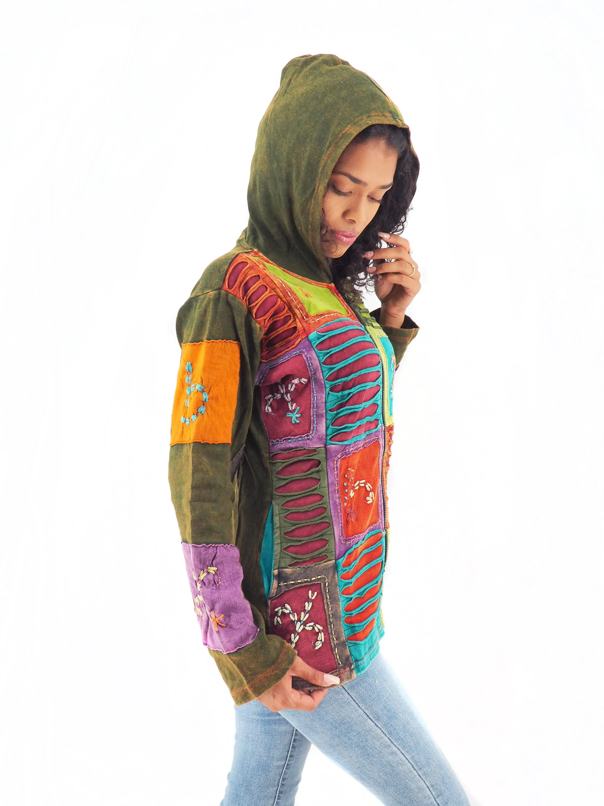 Handmade Patchwork Boho Hoodie 100% Pre-Washed Cotton Blue Copper Tones S-M-L-XL