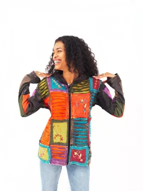 Handmade Patchwork Boho Hoodie 100% Pre-Washed Cotton Blue Orange Tones S-M-L-XL